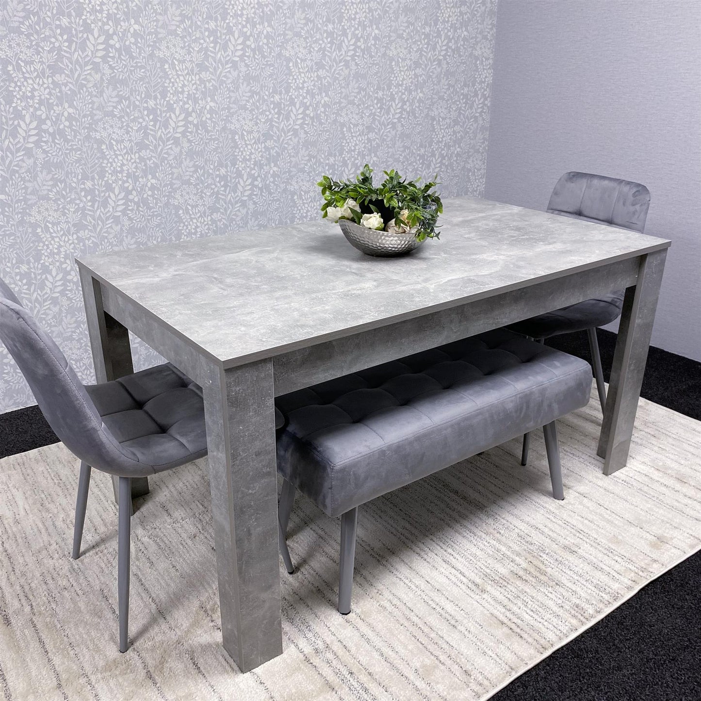 DOUBS Grey Wooden Dining Table Set with 2 Grey Chairs and Benches - Dining Kitchen Room Furniture