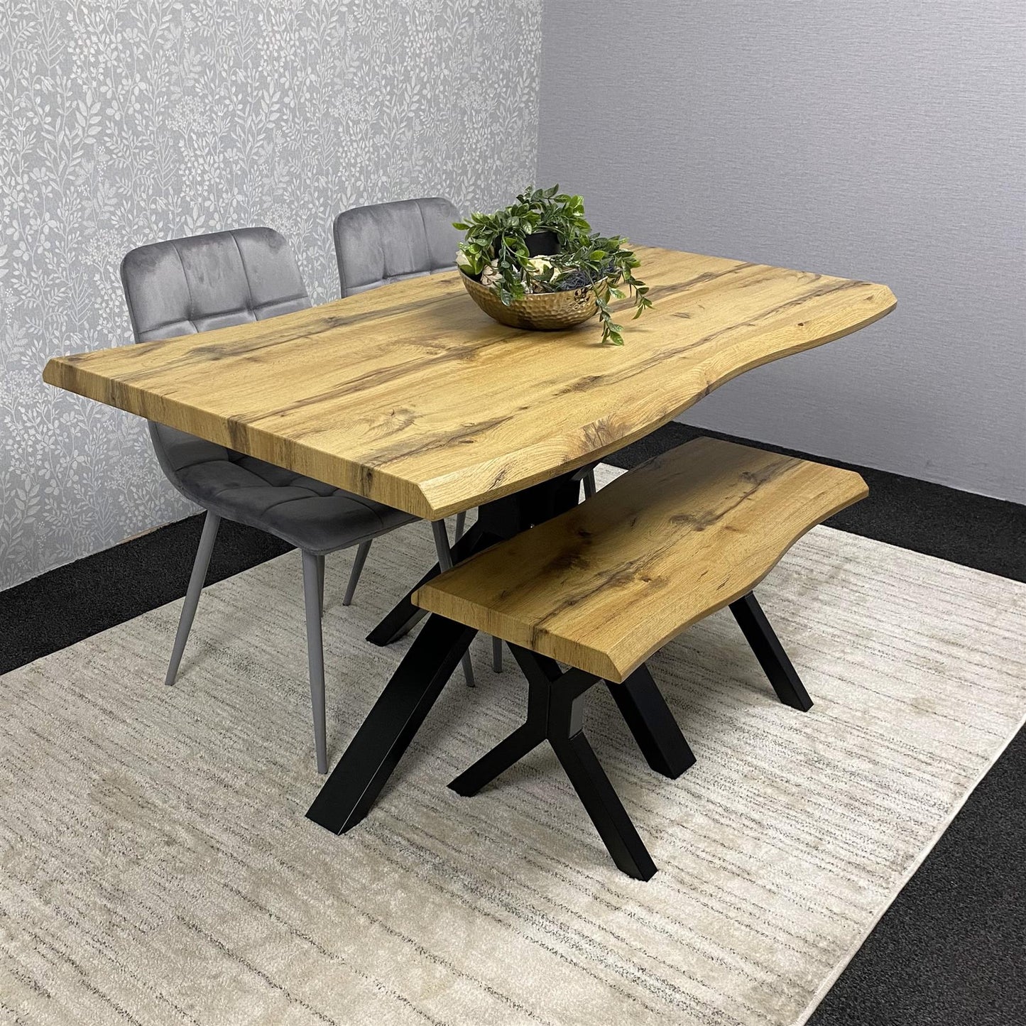 DOUBS Brown Wooden Dining Table with 2 Grey Velvet Chairs and Bench - Dining Kitchen Room Furniture