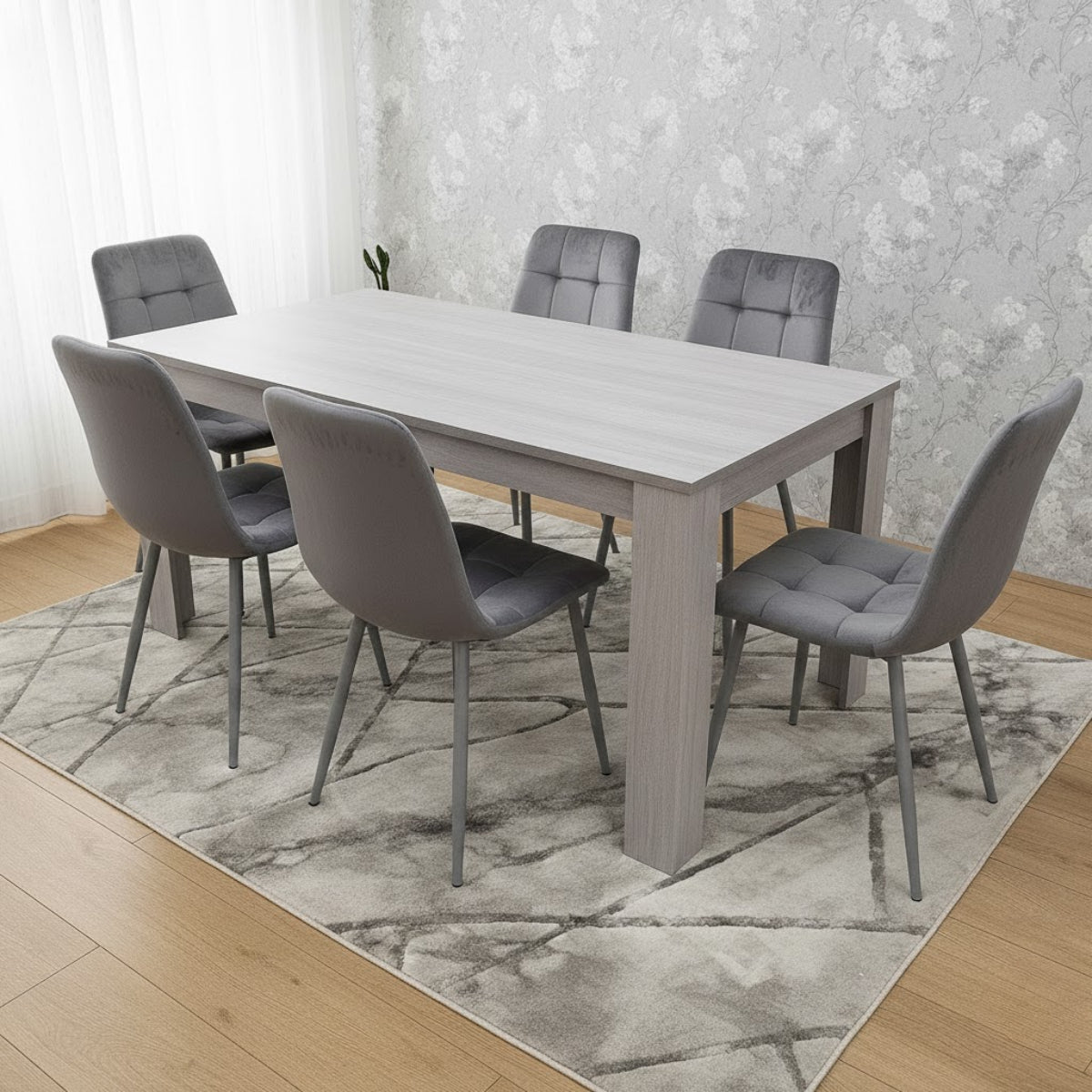 Grey Wooden Dining Table Set with 6 Grey Velvet Chairs Dining Room Furniture