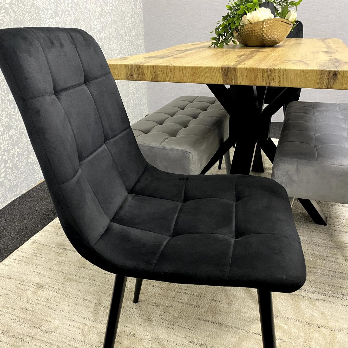 DOUBS Wooden Brown Dining Table with 2 Black Velvet Chairs and Grey Padded Benches, Dining Room Furniture
