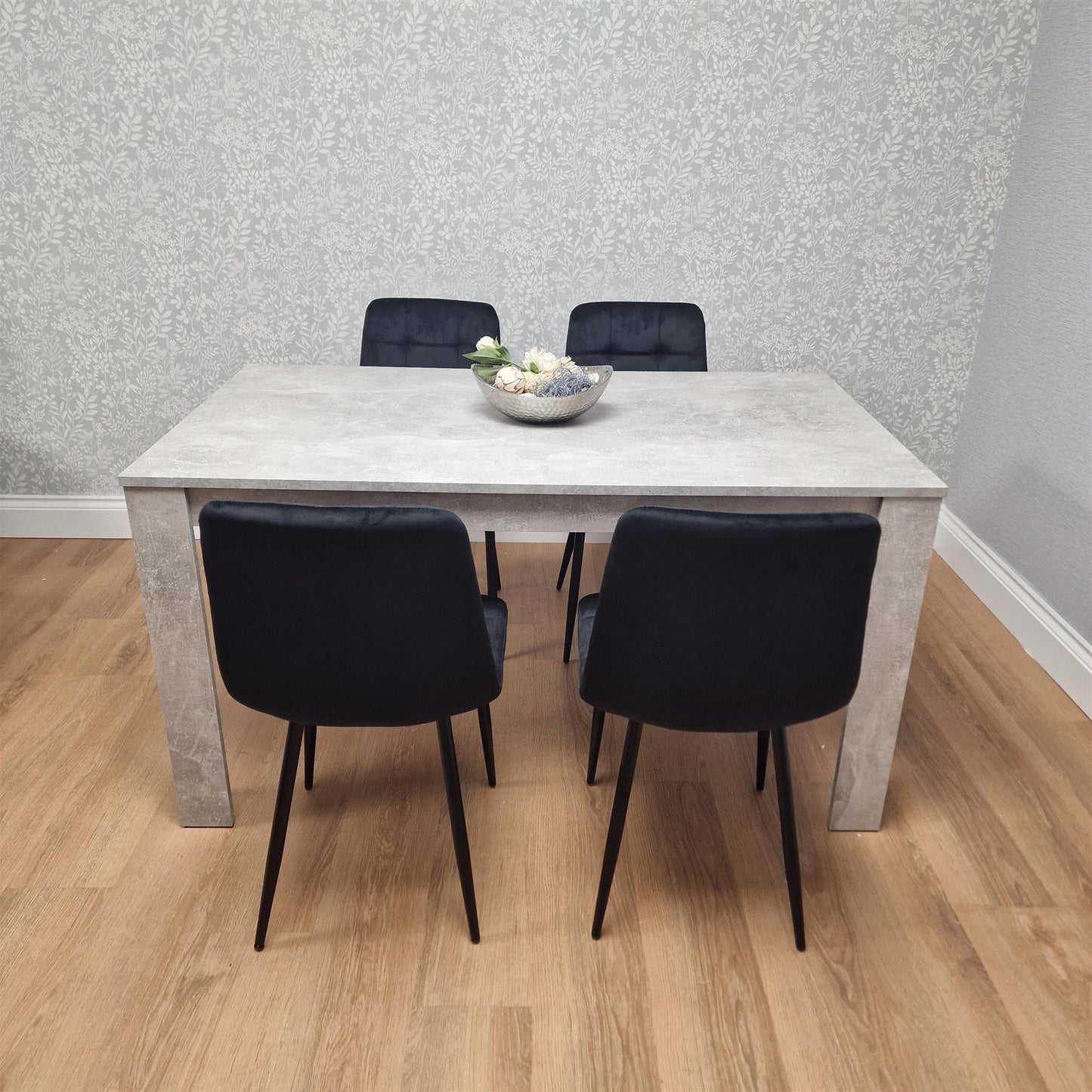 Dining Table and 4 Chairs Stone Grey Effect Wood Table 4 Black Velvet Chairs Dining Room