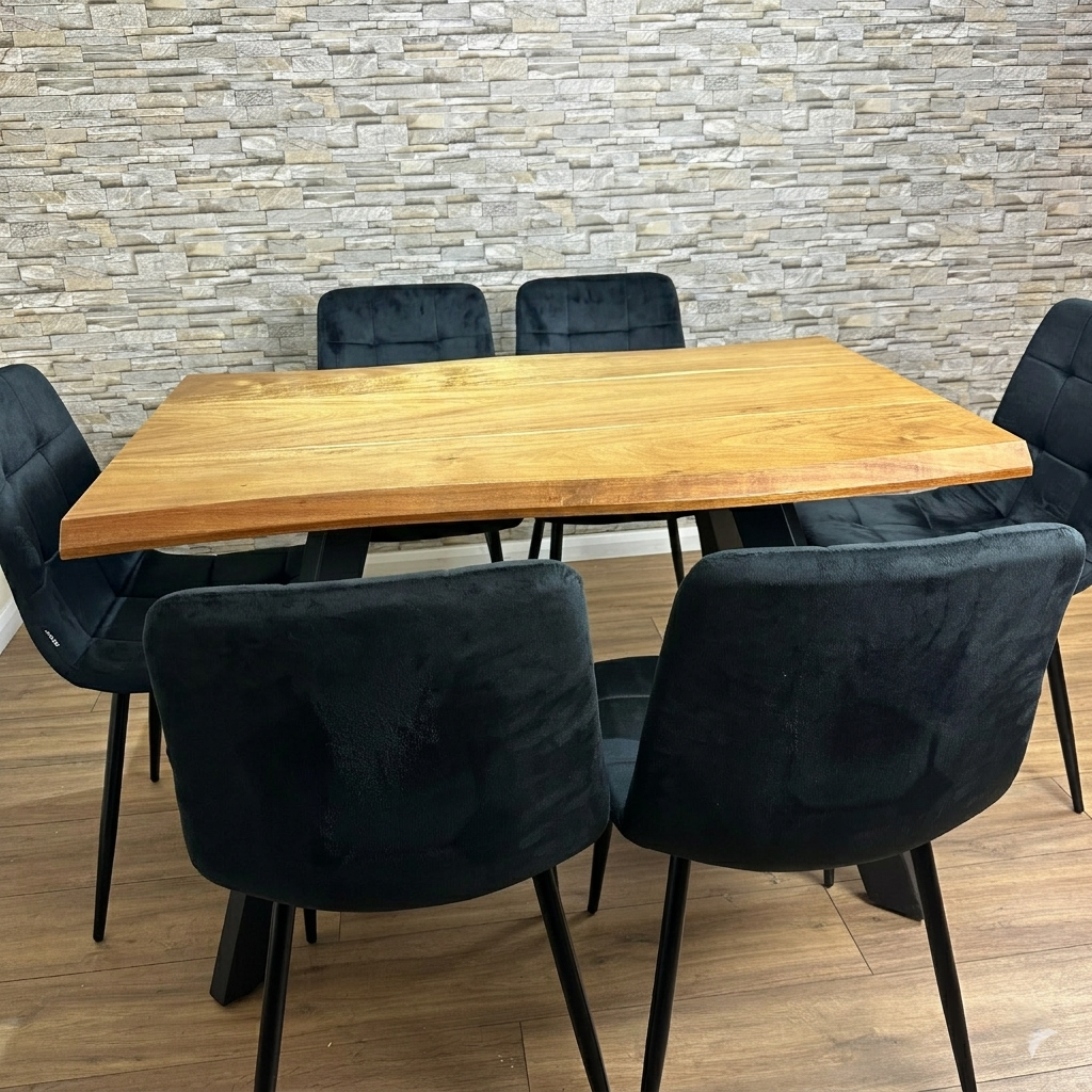 DOUBS Dining Table  and 6 Black Velvet Chairs Wooden Table and 6 velvet Tufted Chairs