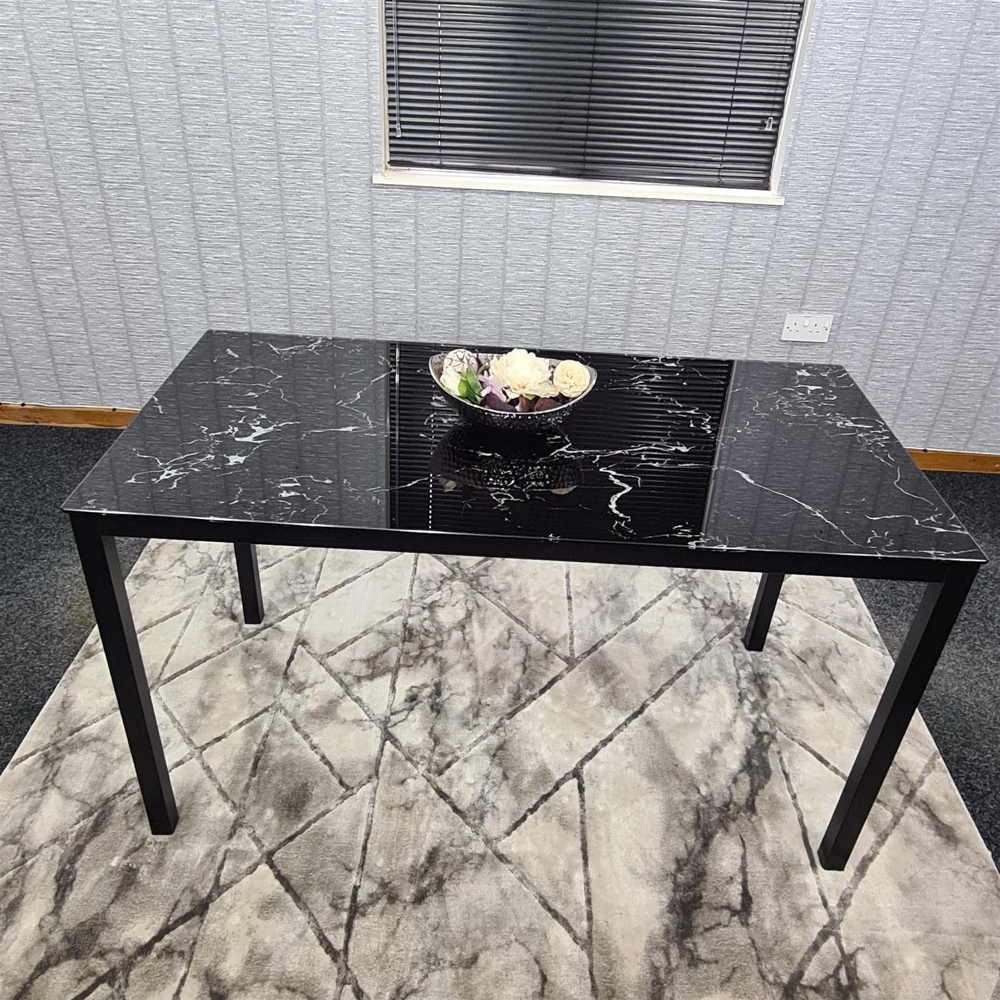 Black Glass Marble Effect Dining Table Set with Velvet Chairs