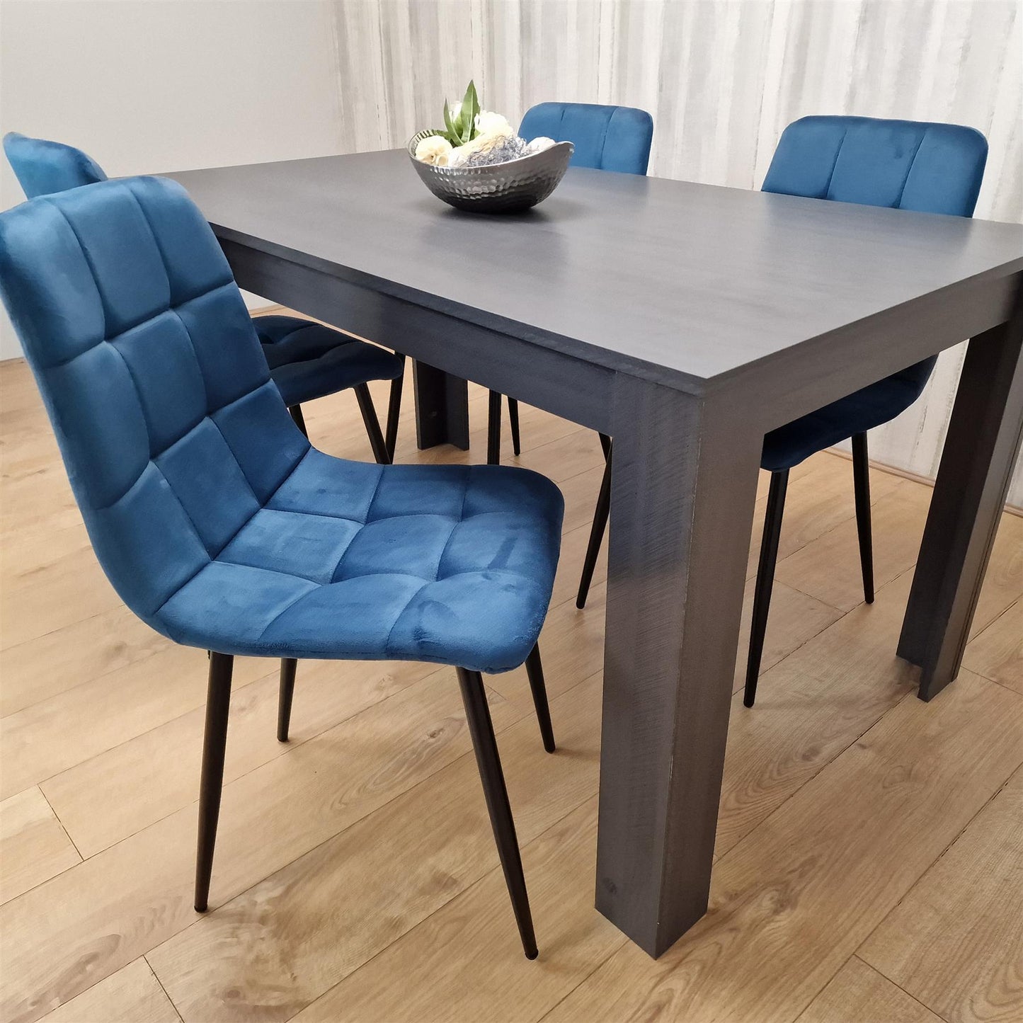 Dining Table and 4 Chairs  Black Dark Grey Blue Velvet Chairs Wood Dining Set Furniture