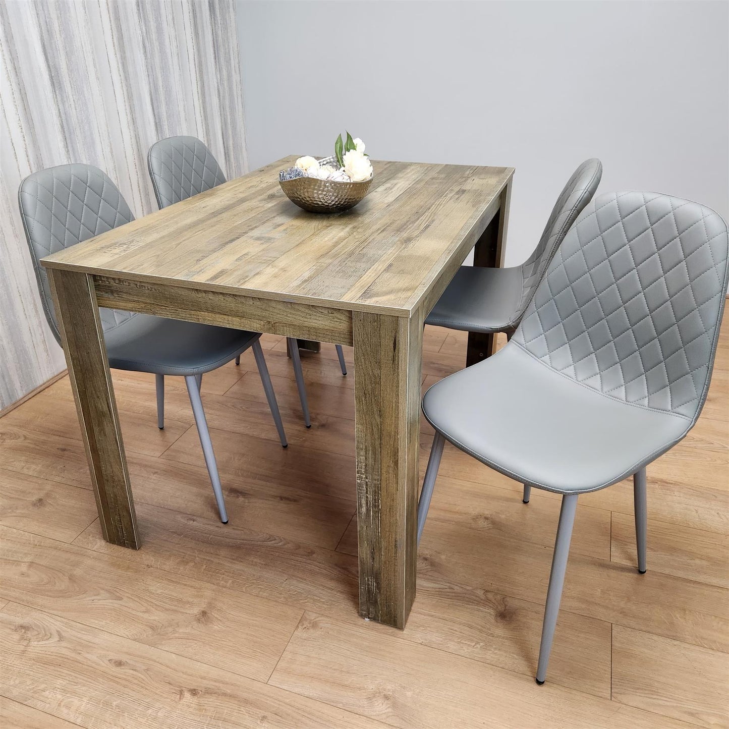 Dining Set of 4 Dining Table and 4 Grey Gem Patterned Stitiched Chairs
