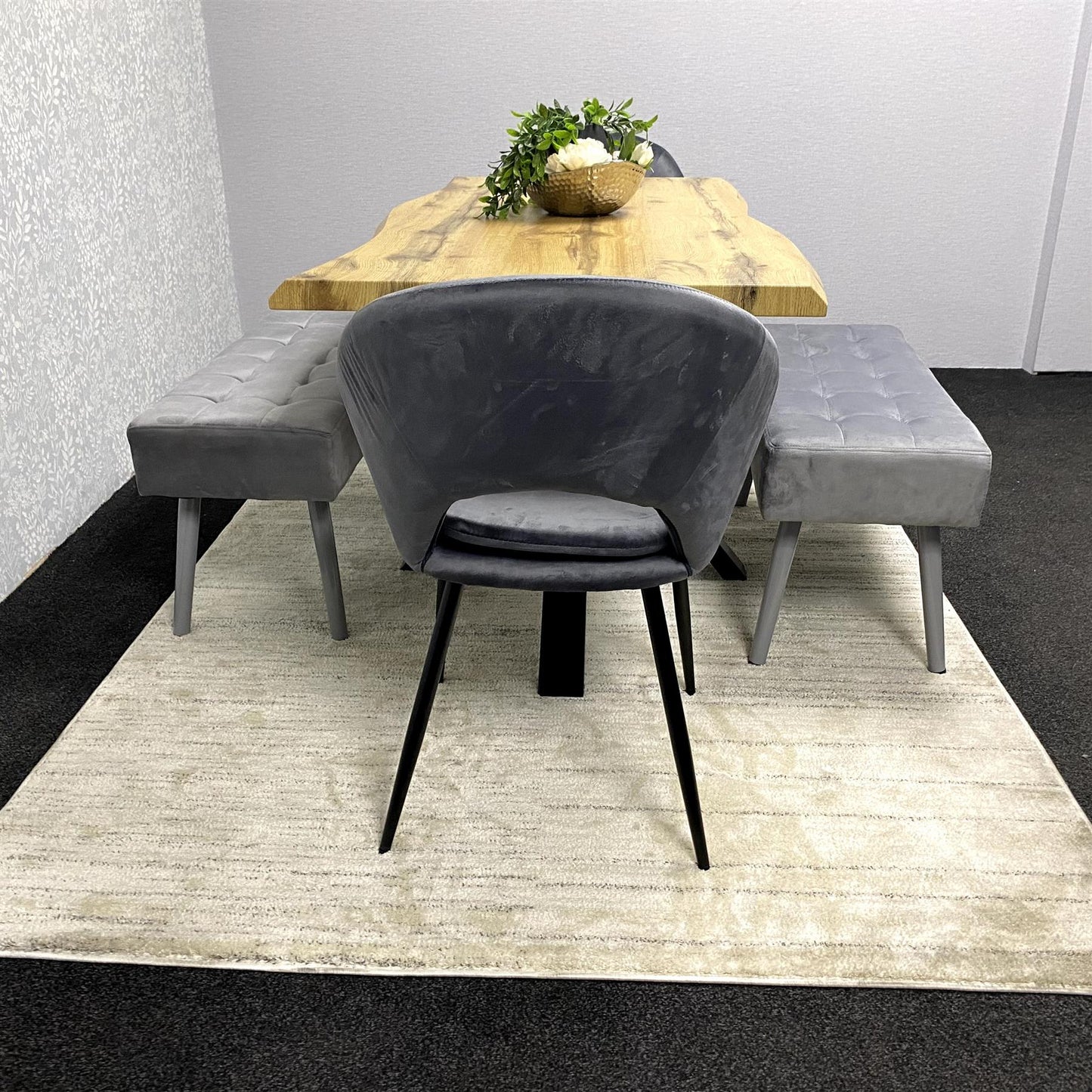 DOUBS Wooden Rectangular Dining Table Set with Velvet Chairs & Wooden Benches