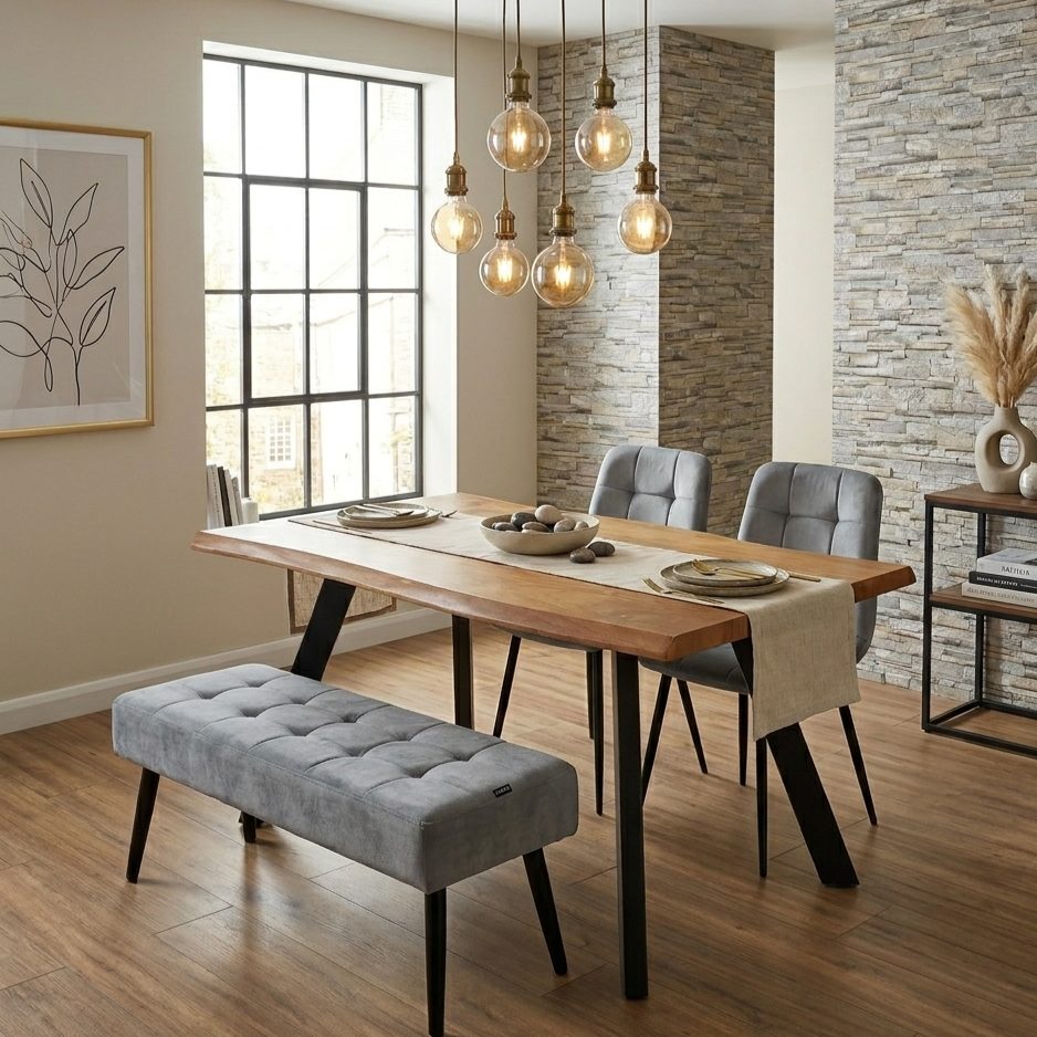 DOUBS  Dining Table with 2 Grey Velvet Chairs and 1 Bench Wooden Table Velvet seating