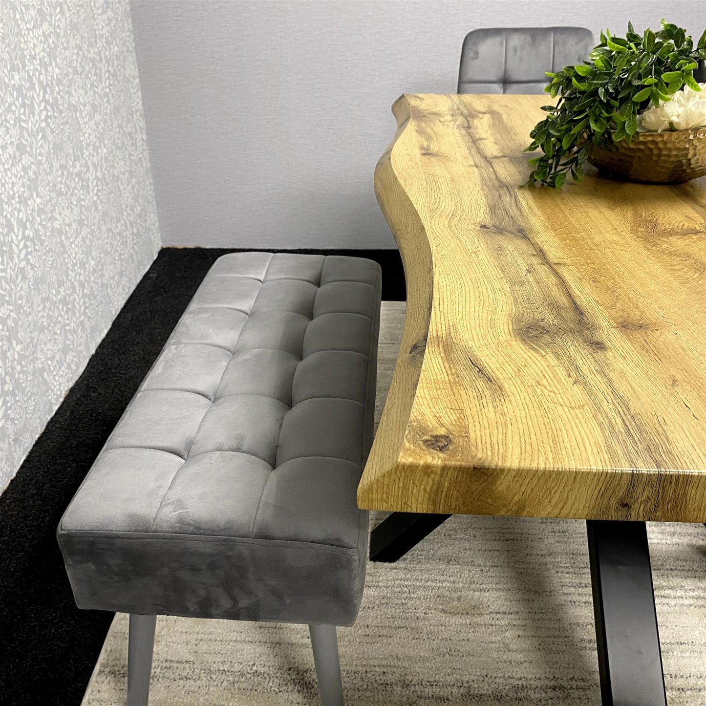 DOUBS Wooden Brown Dining Table with 2 Grey Velvet Chairs and Padded Benches, Dining Room Furniture