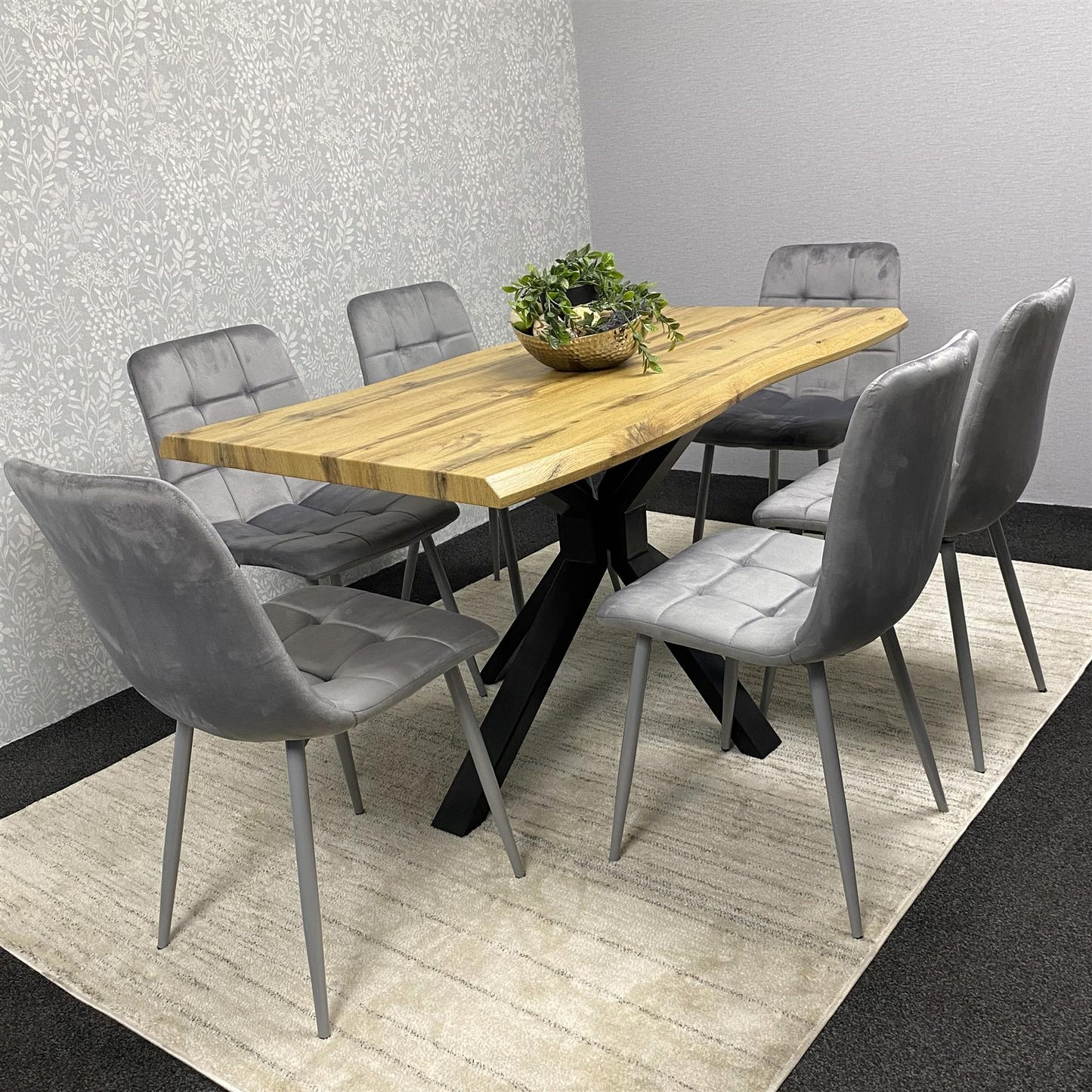 DOUBS Wooden Dining Table with 6 Grey Velvet Chairs - Dining Kitchen Room Furniture