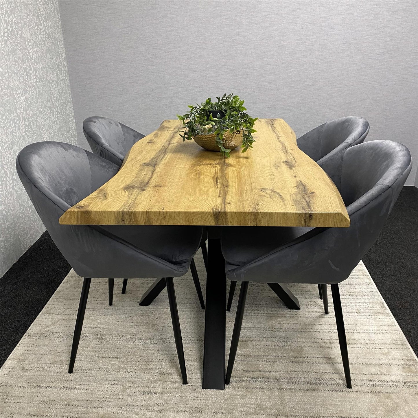 DOUBS Wooden Dining Table with X-Shaped Iron Legs and 4 Grey Velvet Chairs – Modern Dining Set for Home and Kitchen
