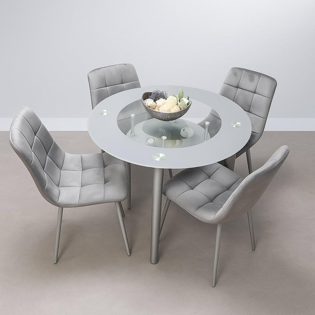 Dining Table and 4 Chairs Round Grey Glass  4 Grey Velvet Chairs Dining Room Furniture