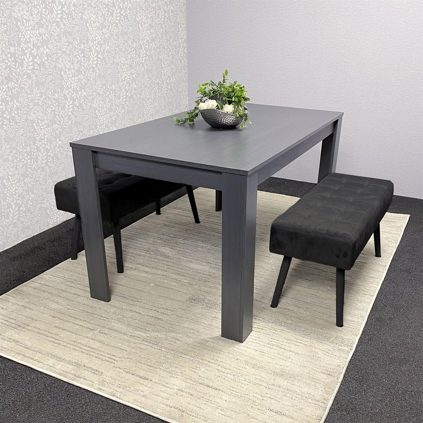 Wooden Dark Grey Arrow Design Dining Set with Velvet Chairs & Benches
