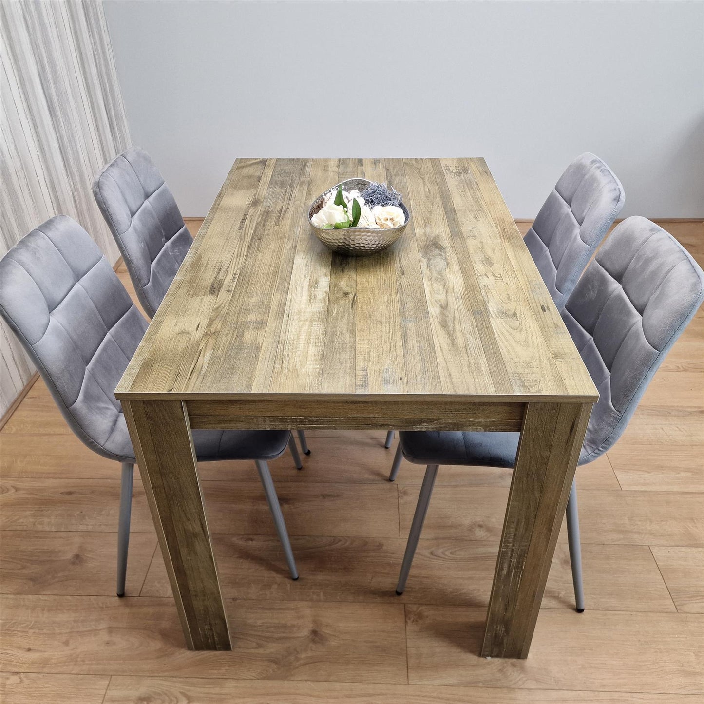 Dining Table and 4 Chairs Rustic Effect Wood Table 4 Grey Velvet Chairs Dining Room
