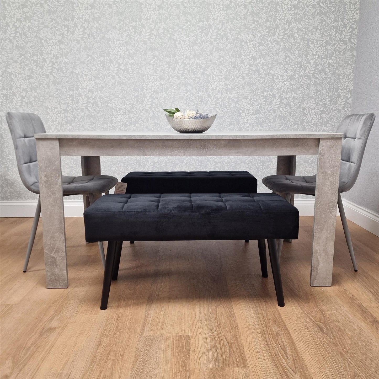 Grey Wooden Dining Table Set with 2 Grey Chairs and Benches - Dining Kitchen Room Furniture