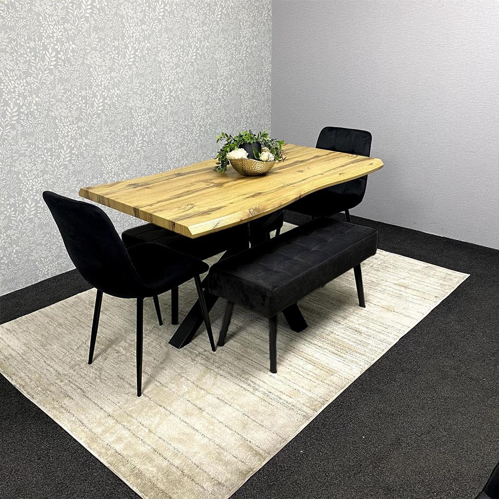 DOUBS Wooden Brown Dining Table with 2 Black Velvet Chairs and Black Padded Benches, Dining Room Furniture