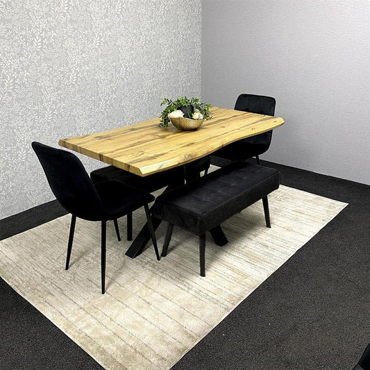 DOUBS Wooden Brown Dining Table with 2 Black Velvet Chairs and Black Padded Benches, Dining Room Furniture