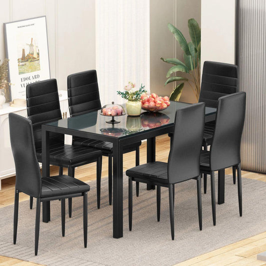 Black Glass Dining Table set with 6 Black Faux Leather Chairs Home Kitchen Dining Furniture
