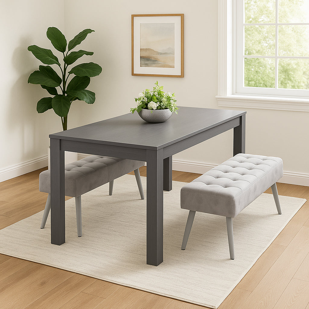 Wooden Dark Grey Arrow Design Dining Set with Velvet Chairs & Benches