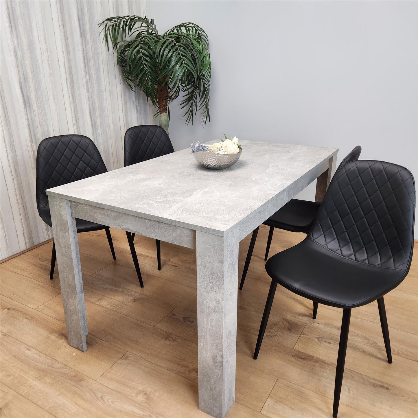 Dining Table and 4 Chairs Stone Grey Effect Wood Table 4 Black Leather Chairs Dining Room
