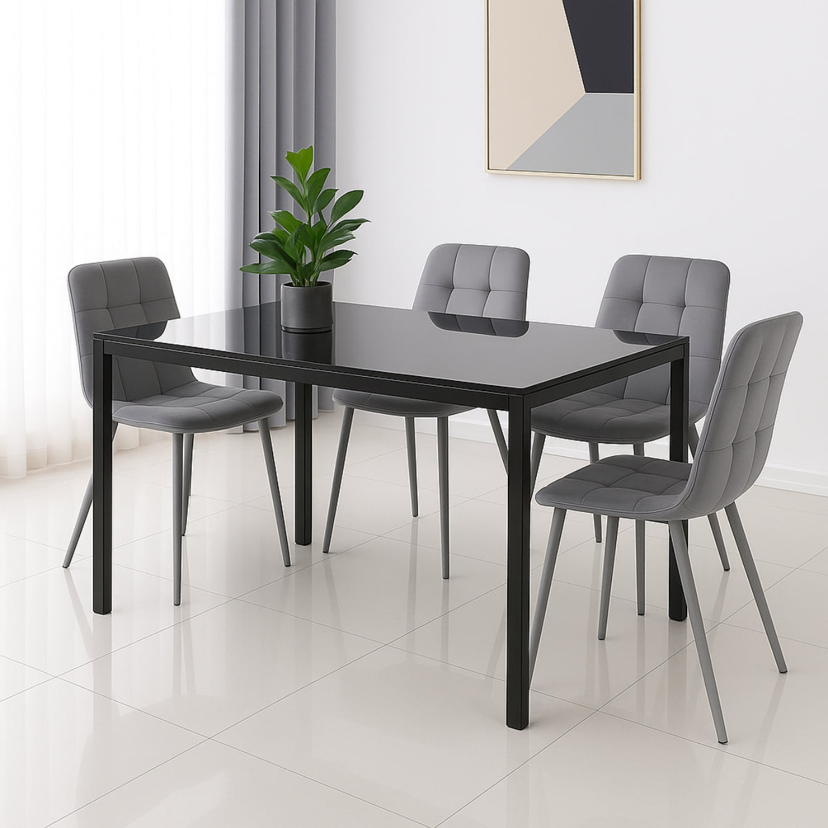 Modern Black Glass Dining Table Set with 4 Grey velvet Chairs Dining Room Furniture