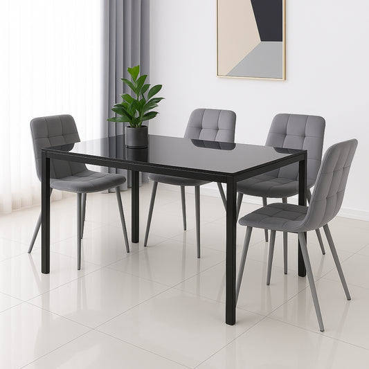 Modern Black Glass Dining Table Set with 4 Grey velvet Chairs Dining Room Furniture