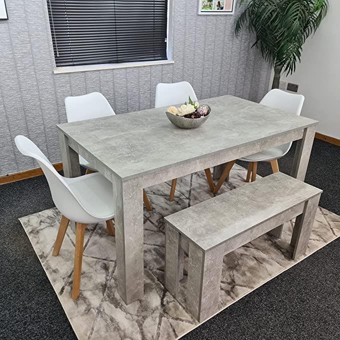 Dining Table and 4 Chairs With Bench Stone Grey Effect Wood Table 4 White Plastic Leather Chairs Dining Room