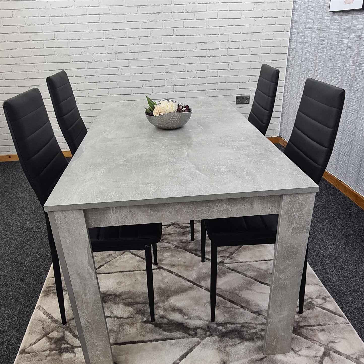 Dining Table and 4 Chairs Stone Grey Effect Wood Table 4 Black Leather Chairs Dining Room