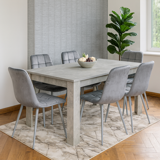 Doubs Grey Wooden Effect Dining Table Set with 6 Tufted Velvet Grey Chairs , Melamine Finish, Modern Curved Back Design