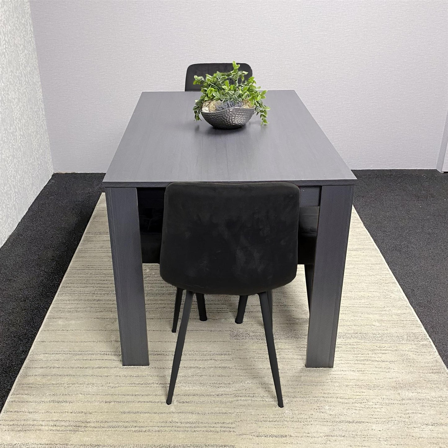 Arrow Design Wooden Dining Table with Black  Velvet Chairs and 2 black velvet Benches
