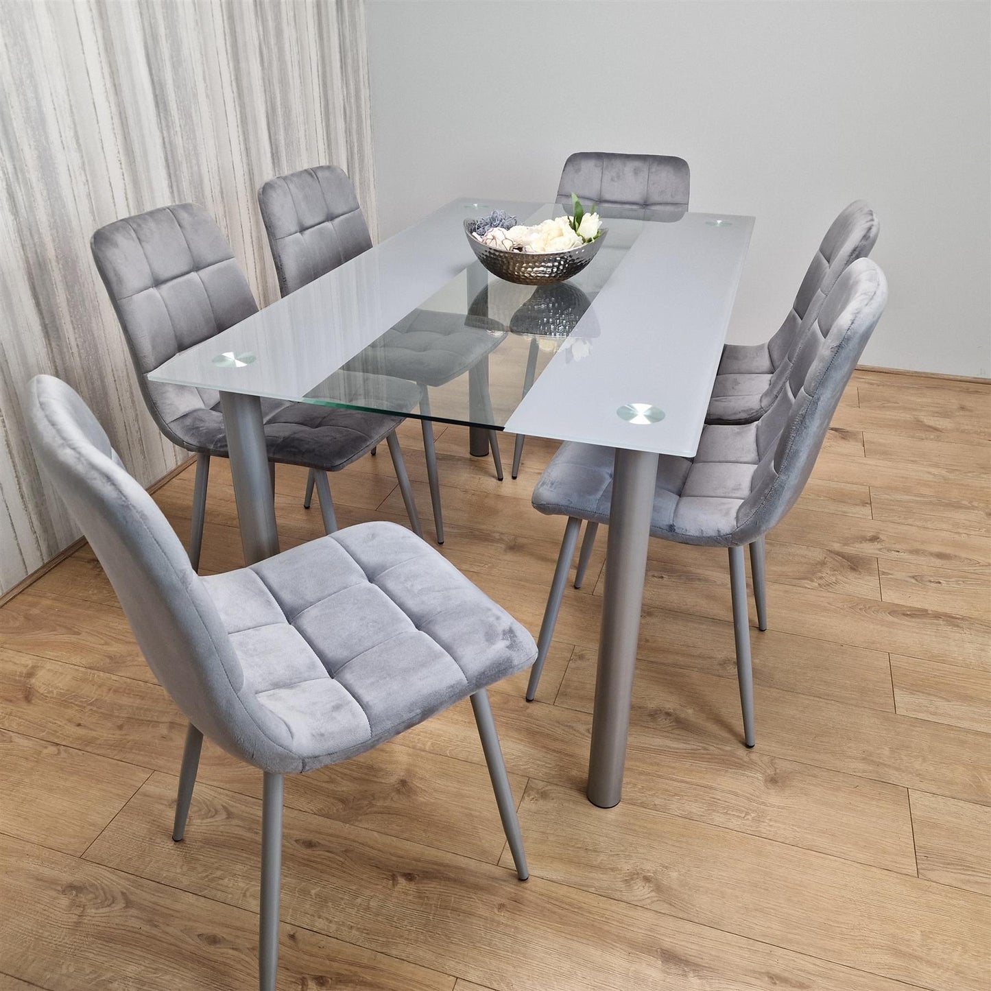 Dining Table and 6 Chairs Grey Clear Glass 6 Velvet Grey Chairs Dining Room Furniture