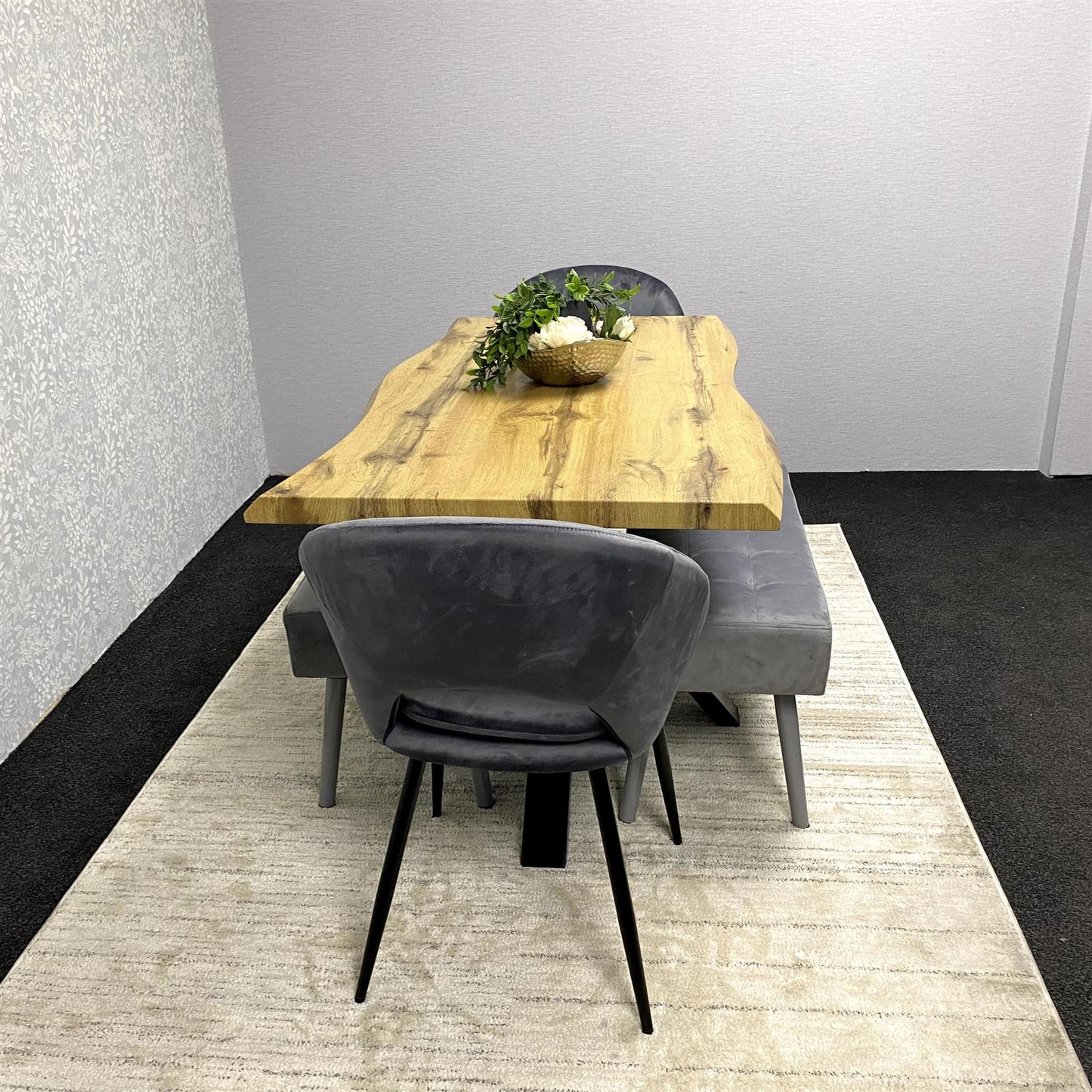 DOUBS Wooden Rectangular Dining Table Set with Velvet Chairs & Wooden Benches