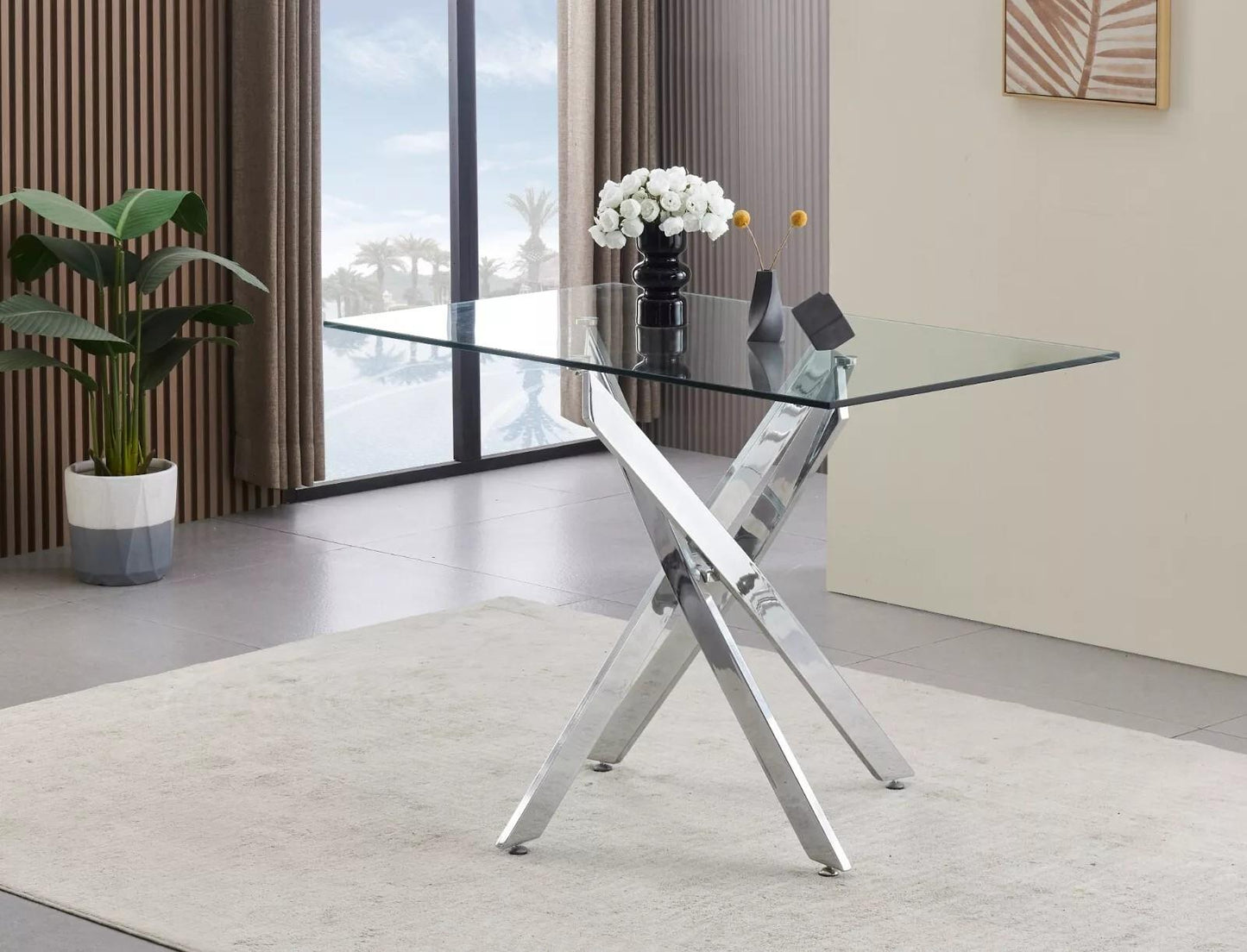 Glass Dining Table with Chrome legs, Rectangle, Living / Dining Room, Kitchen, Furniture