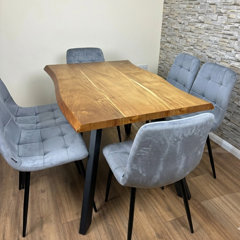DOUBS Modern Wood Dining Table and 6 Grey Velvet Chairs 7-Piece Set
