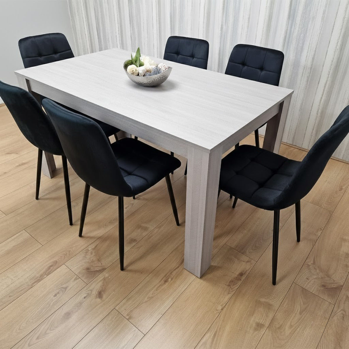 Modern Grey Wooden Dining Table Set with 6 Black Velvet Chairs Dining Home Furniture