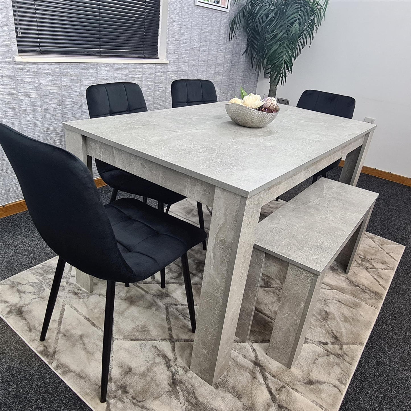 Dining Table and 4 Chairs With Bench Stone Grey Effect Wood Table 4 Black Velvet  Chairs Dining Room