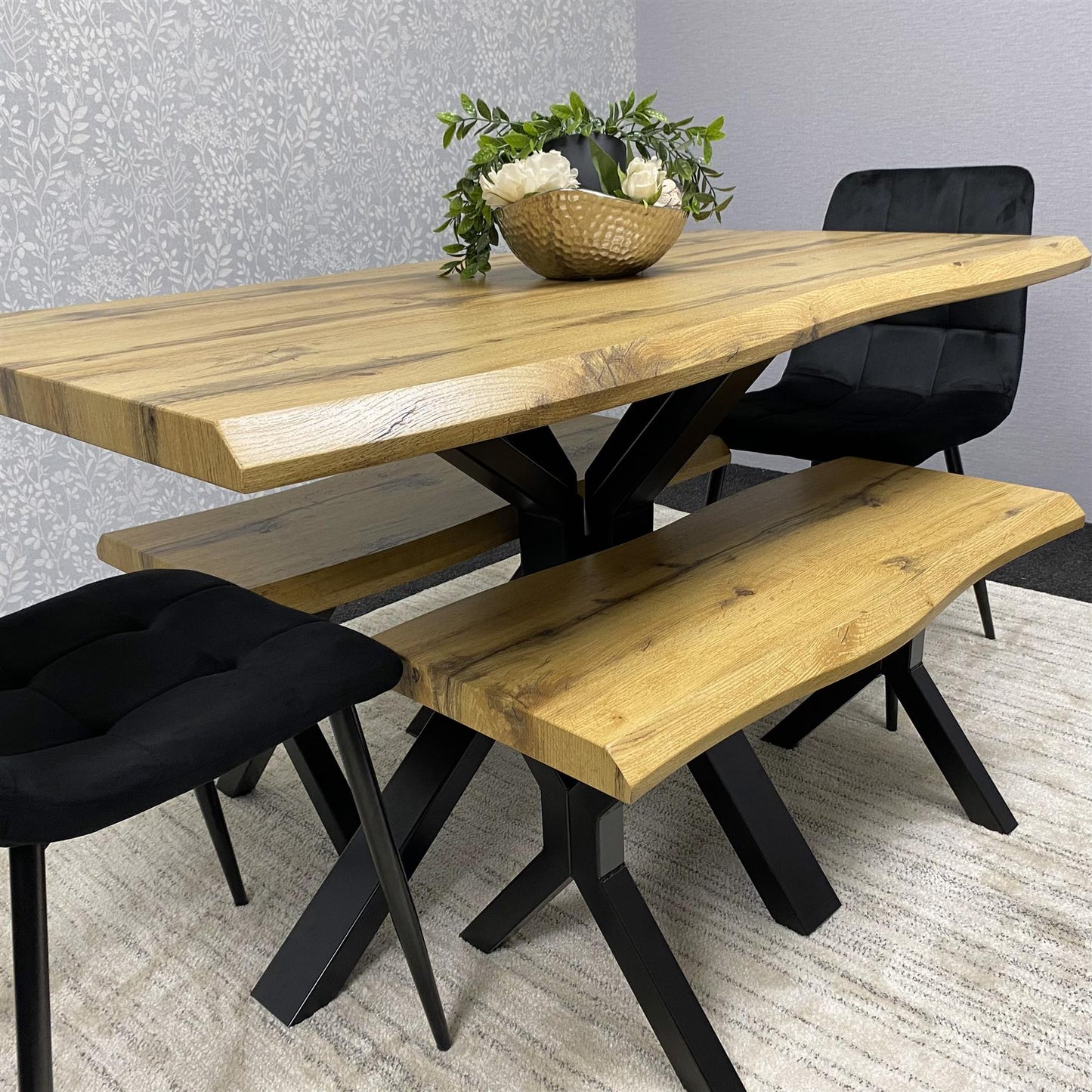 DOUBS Wooden Brown Dining Table with Benche and 2 Black Velvet Chairs, Stylish Dining Room Furniture