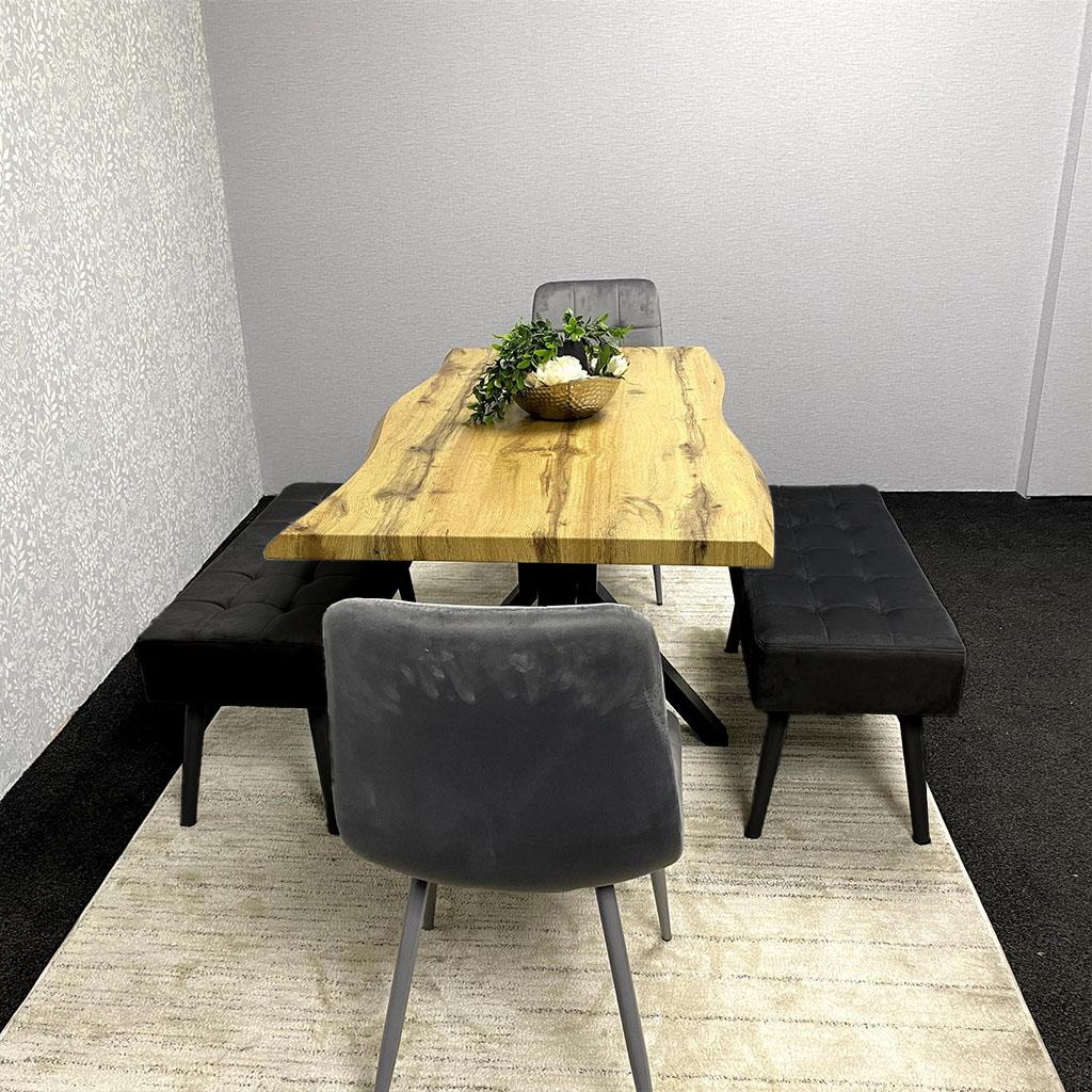 DOUBS Wooden Brown Dining Table with 2 Grey Velvet Chairs and Black Padded Benches, Dining Room Furniture