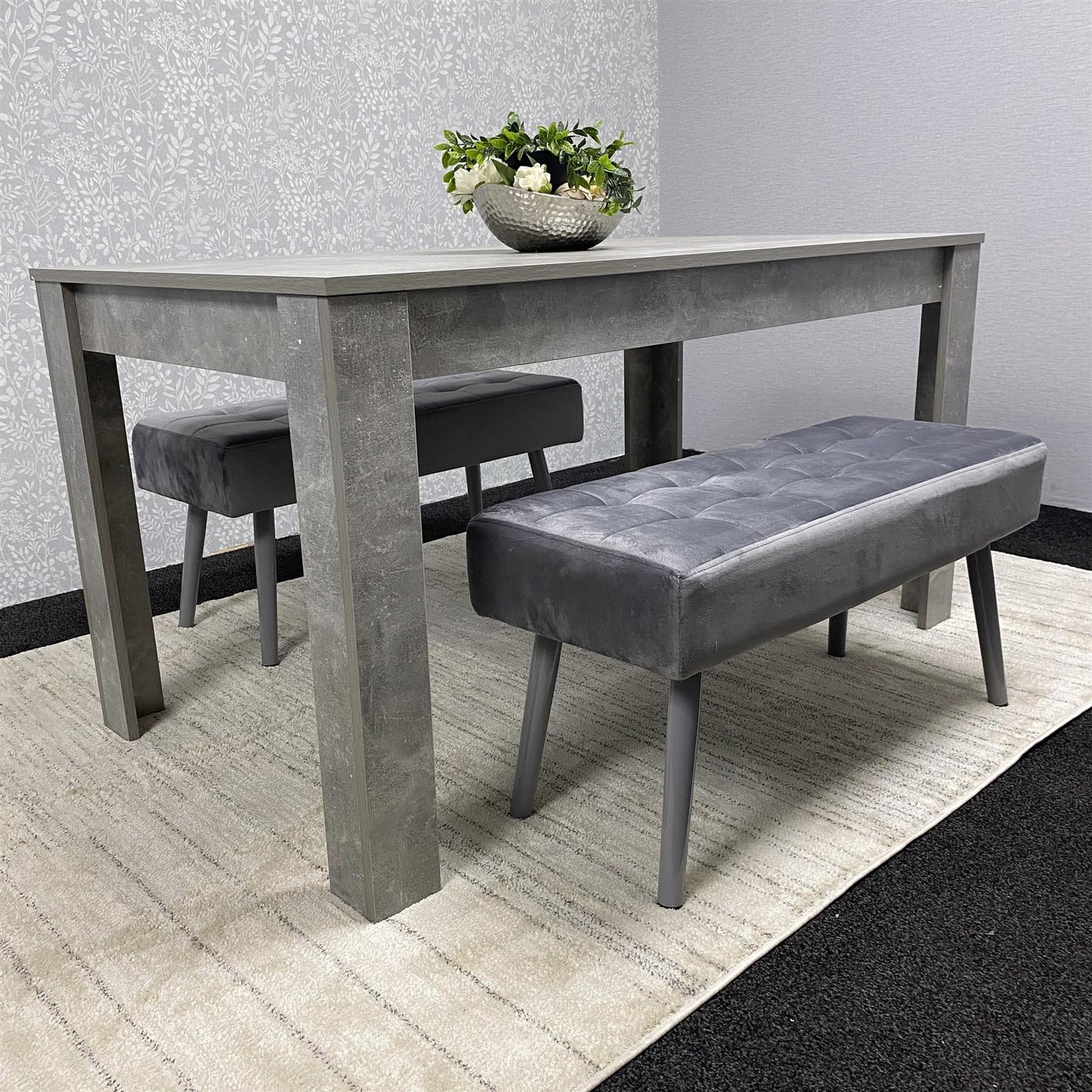 Grey Wooden Dining Table Set and 2 Benches with Metal Legs – Dining Kitchen Room Furniture
