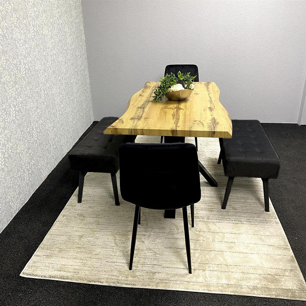 DOUBS Wooden Brown Dining Table with 2 Black Velvet Chairs and Black Padded Benches, Dining Room Furniture