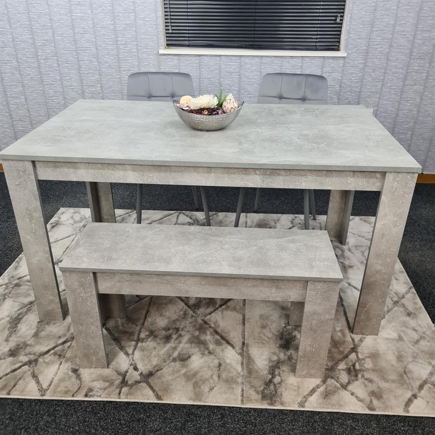 Dining Table and 2 Chairs With Bench Stone Grey Effect Wood Table 2 Grey Velvet Chairs Dining Room