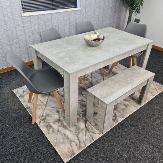 Dining Table and 4 Chairs With Bench Stone Grey Effect Wood Table 4 Grey Plastic Leather Chairs Dining Room
