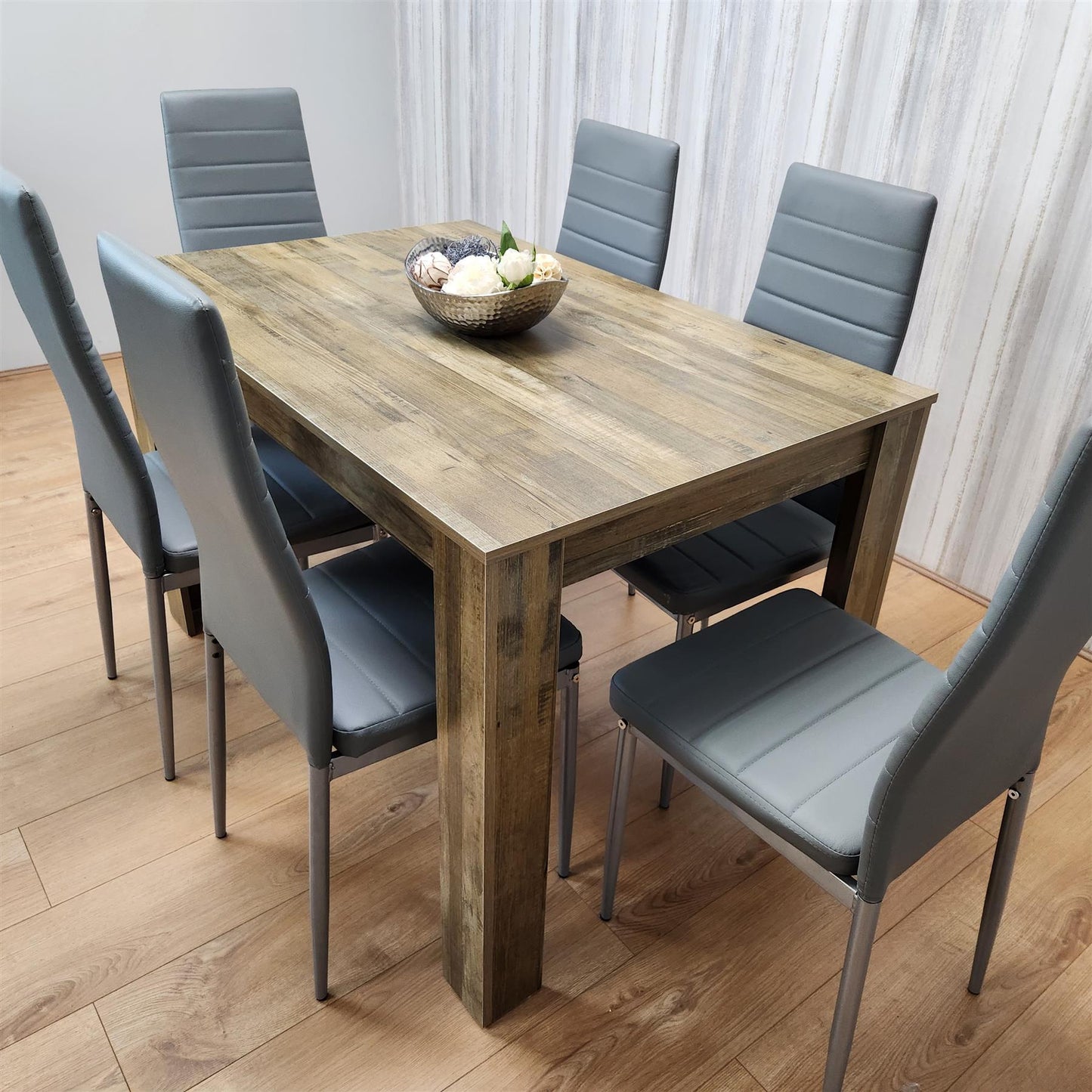 Dining Table and 6 Chairs Rustic Effect Wood Table 6 Grey Leather Chairs Dining Room