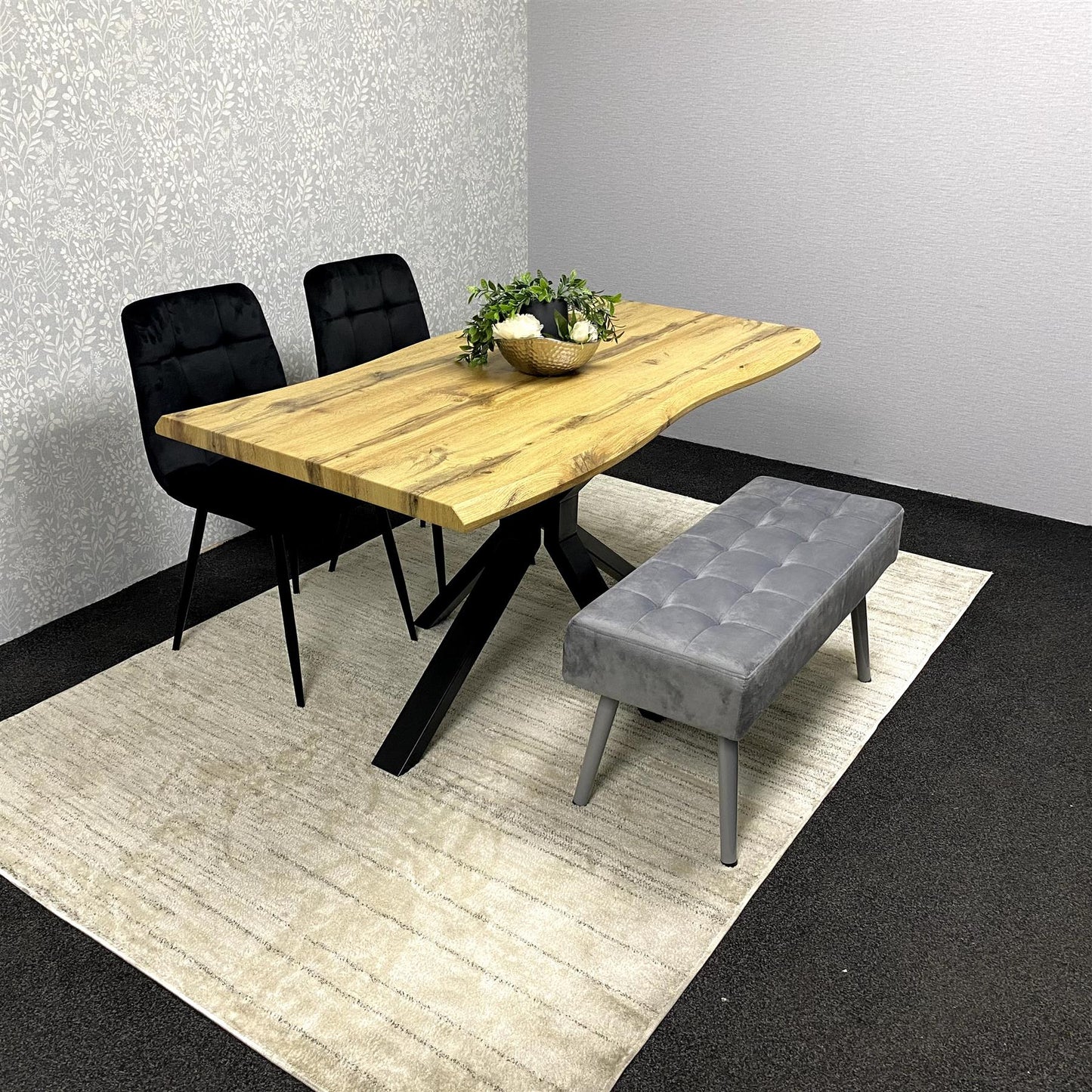 DOUBS Wood Dining Set with Velvet Chairs & Grey Velvet Bench