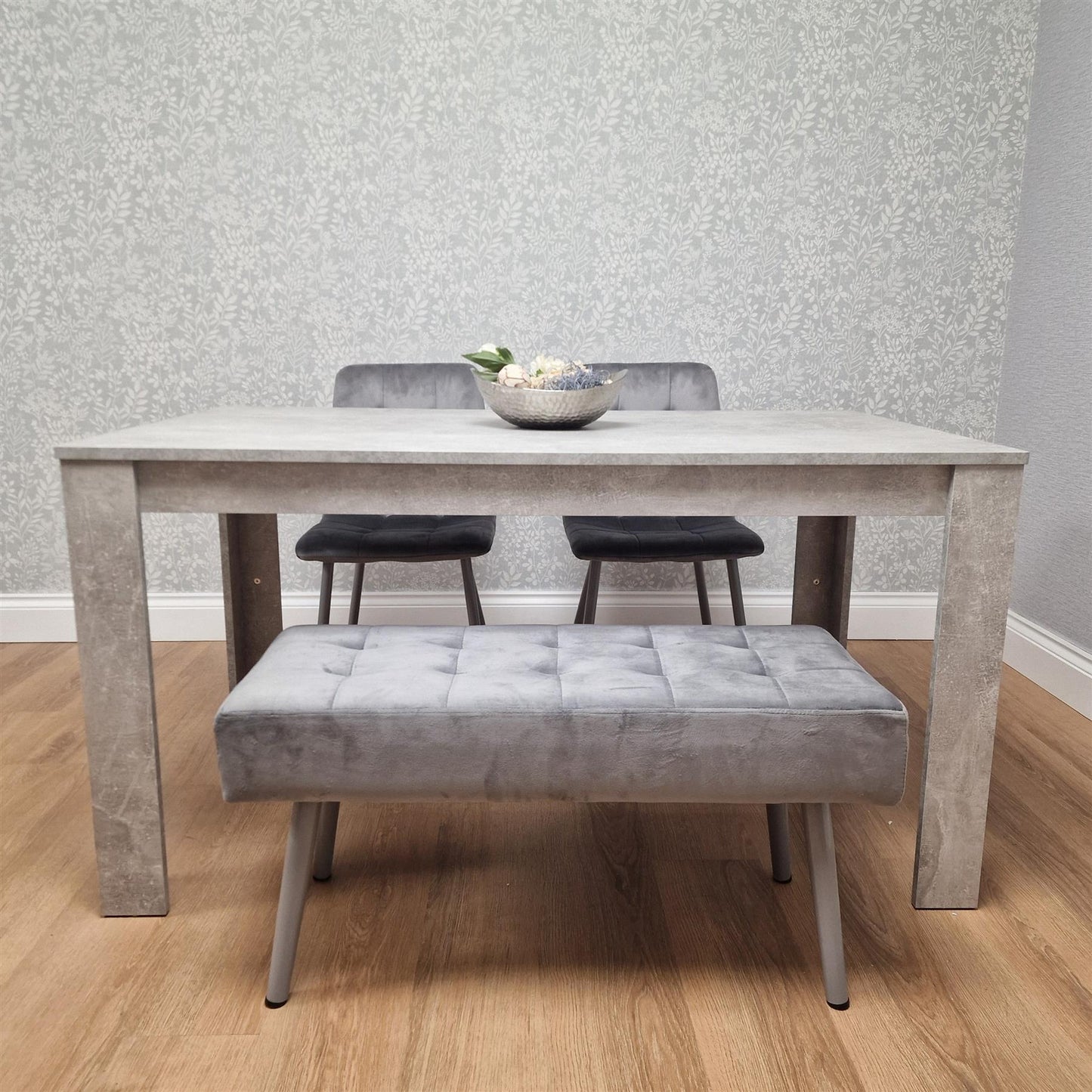 Grey Wooden Dining Table Set with 2 Grey Chairs and 1 Bench - Dining Kitchen Room Furniture