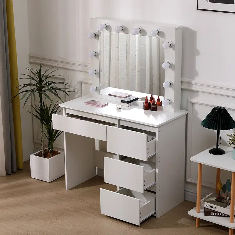 White Vanity Dressing Table with Large Mirror and Lights – 4 Drawer Makeup Desk with Ample Storage, Modern Bedroom Furniture for Jewellery, Cosmetics, and Beauty Essentials