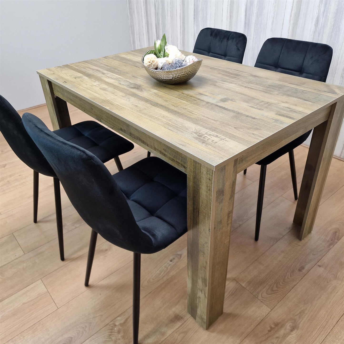 Dining Table and 4 Chairs Rustic Effect Wood Table 4 Black Velvet Chairs Dining Room