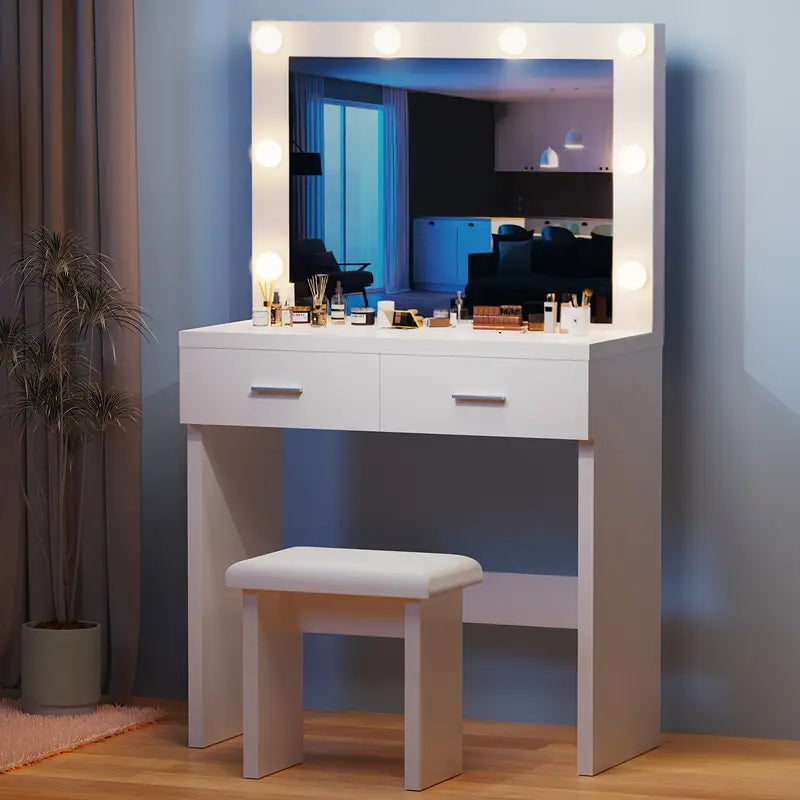 White Dressing Table Set with Hollywood LED Mirror, 2 Large Drawers, and Stool – Vanity Makeup Table with Adjustable 3-Colour Lights, USB Port, and Storage for Bedroom Décor