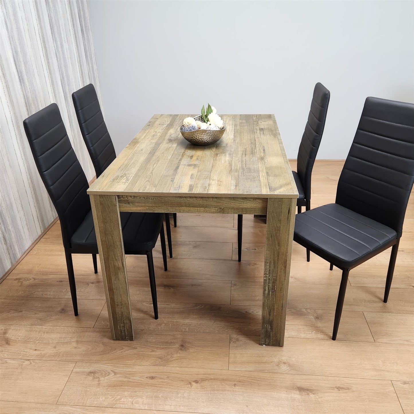 Dining Table and 4 Chairs Rustic Effect Wood Table 4 Black Leather Chairs Dining Room