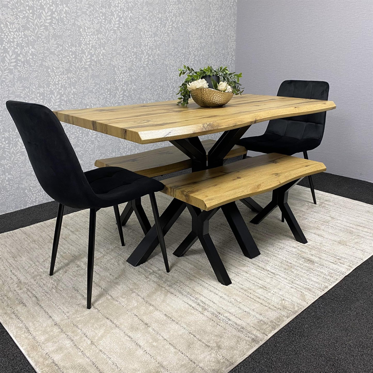 DOUBS Wooden Brown Dining Table with Benche and 2 Black Velvet Chairs, Stylish Dining Room Furniture
