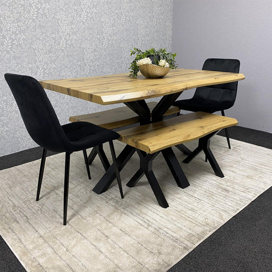 DOUBS Wooden Brown Dining Table with Benche and 2 Black Velvet Chairs, Stylish Dining Room Furniture